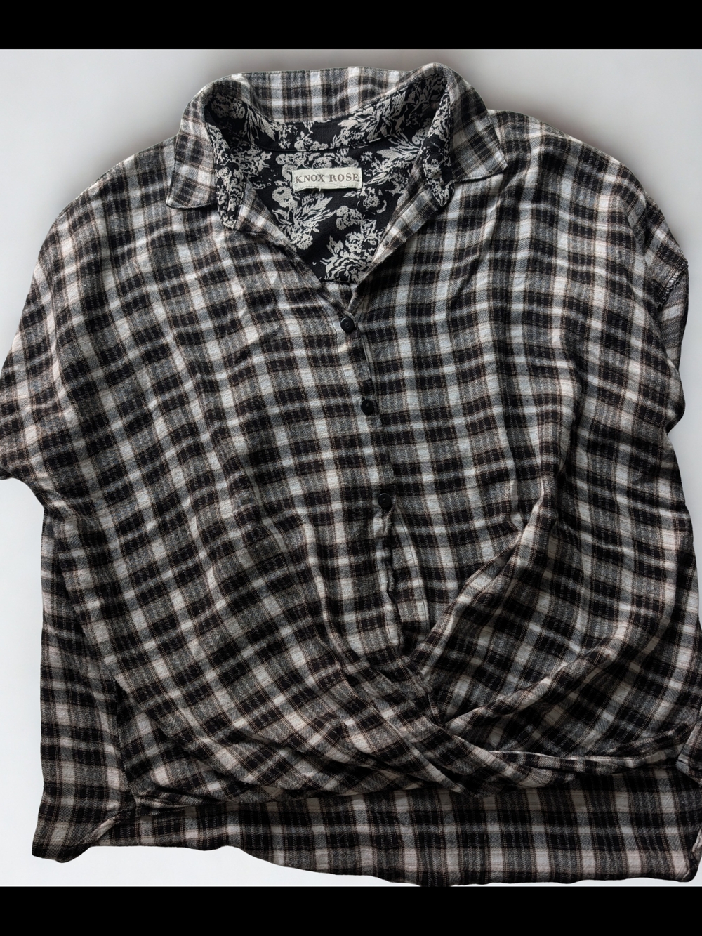 Knox Rose Black White and Brown Plaid Button-Down Knot Top